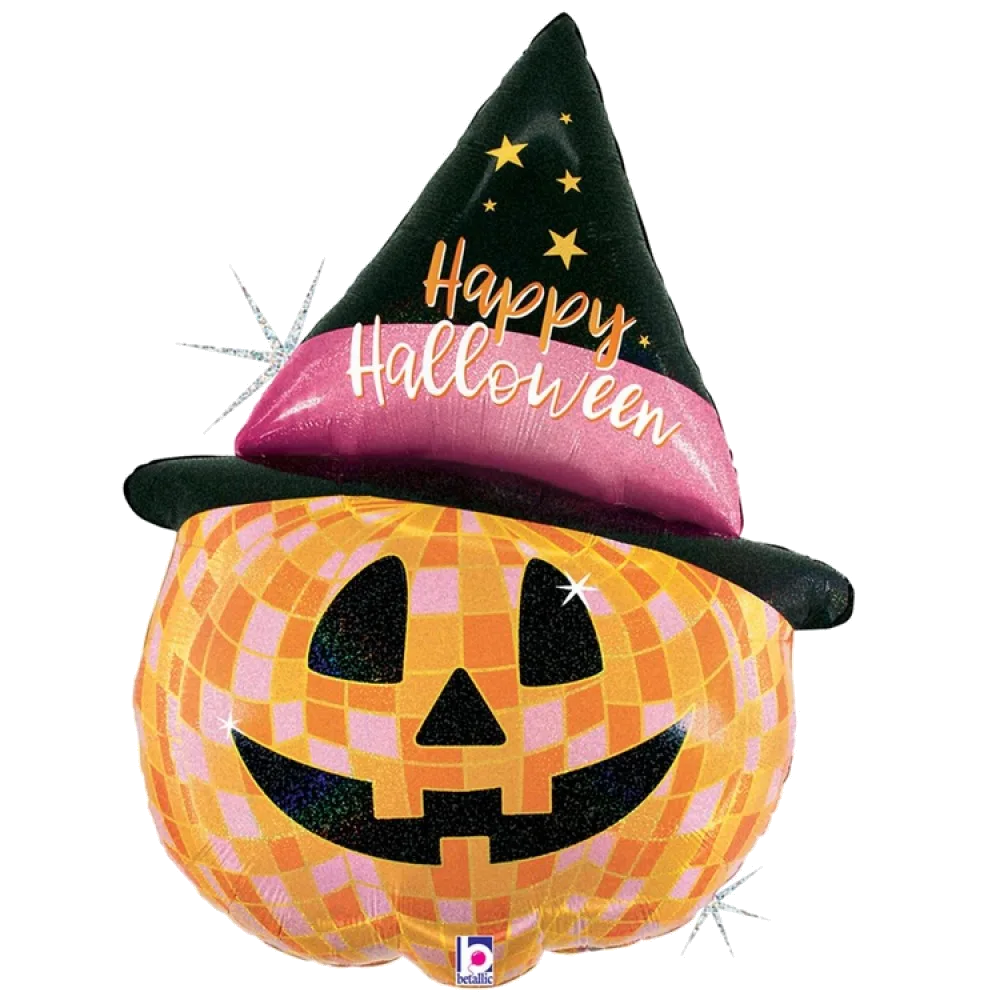 Шар: Шар (33"/84 см) Фигура, HAPPY HALLOWEEN Тыква в колпаке, 1 шт. в уп. Betallic (Италия)
