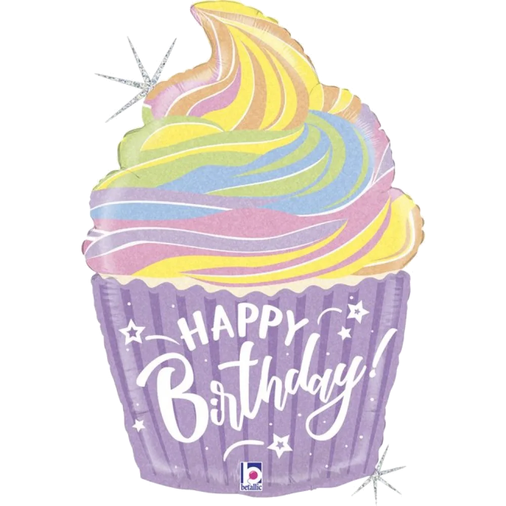 Шар (22''/56 см) Фигура, Радужный капкейк, С Днем Рождения, Сиреневый, Голография