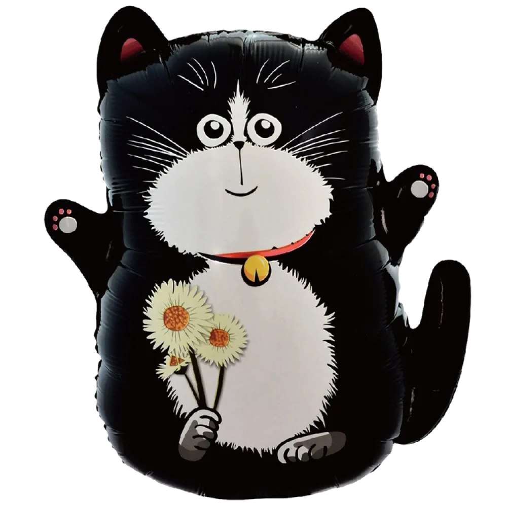 Шар: Шар (25"/64 см) Фигура, Кот черный с букетом ромашек, 1 шт. в уп.