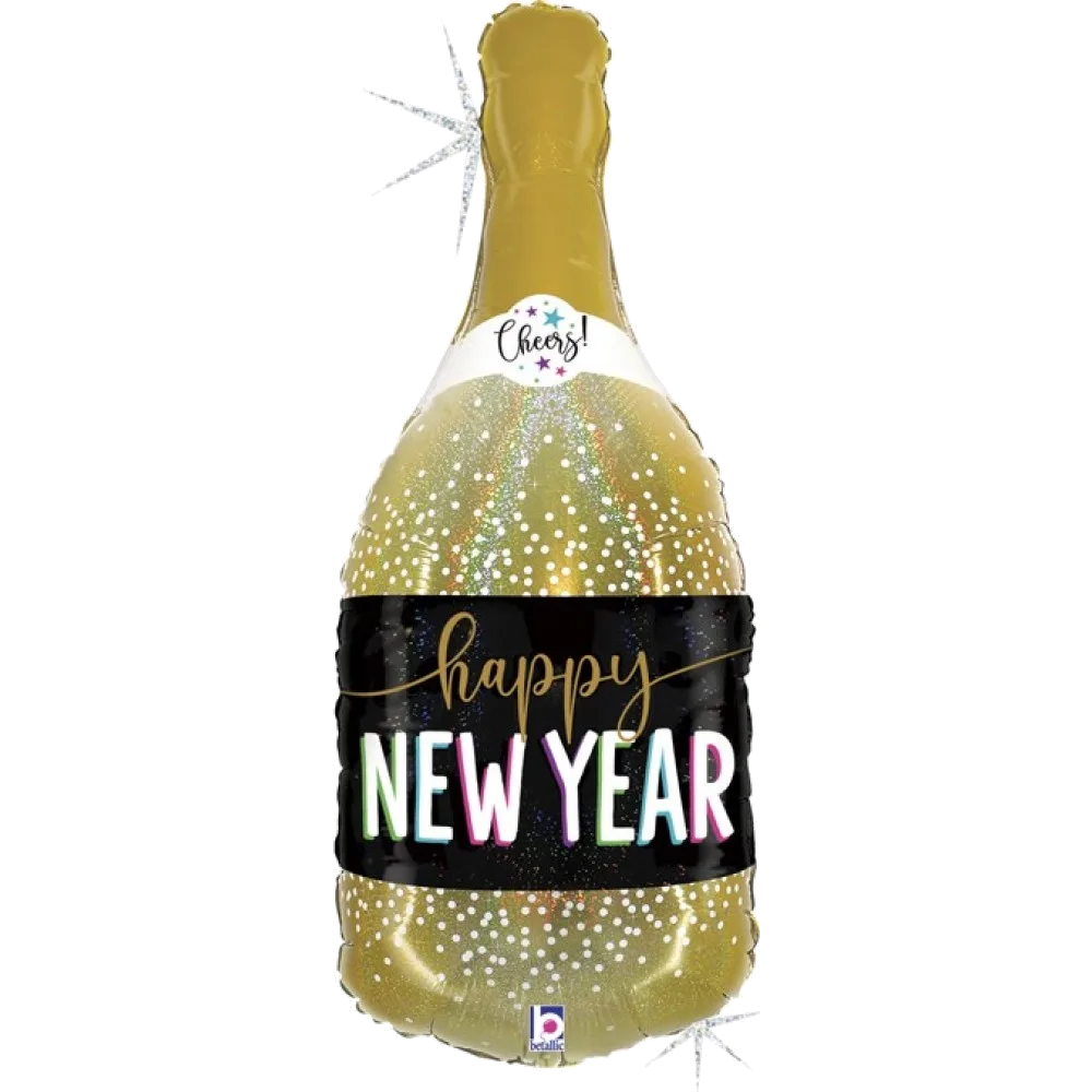 Шар: Шар (36''/91 см) Фигура, Бутылка Шампанское, С Новым Годом!, Золото, Голография, 1 шт. Betallic (Италия)