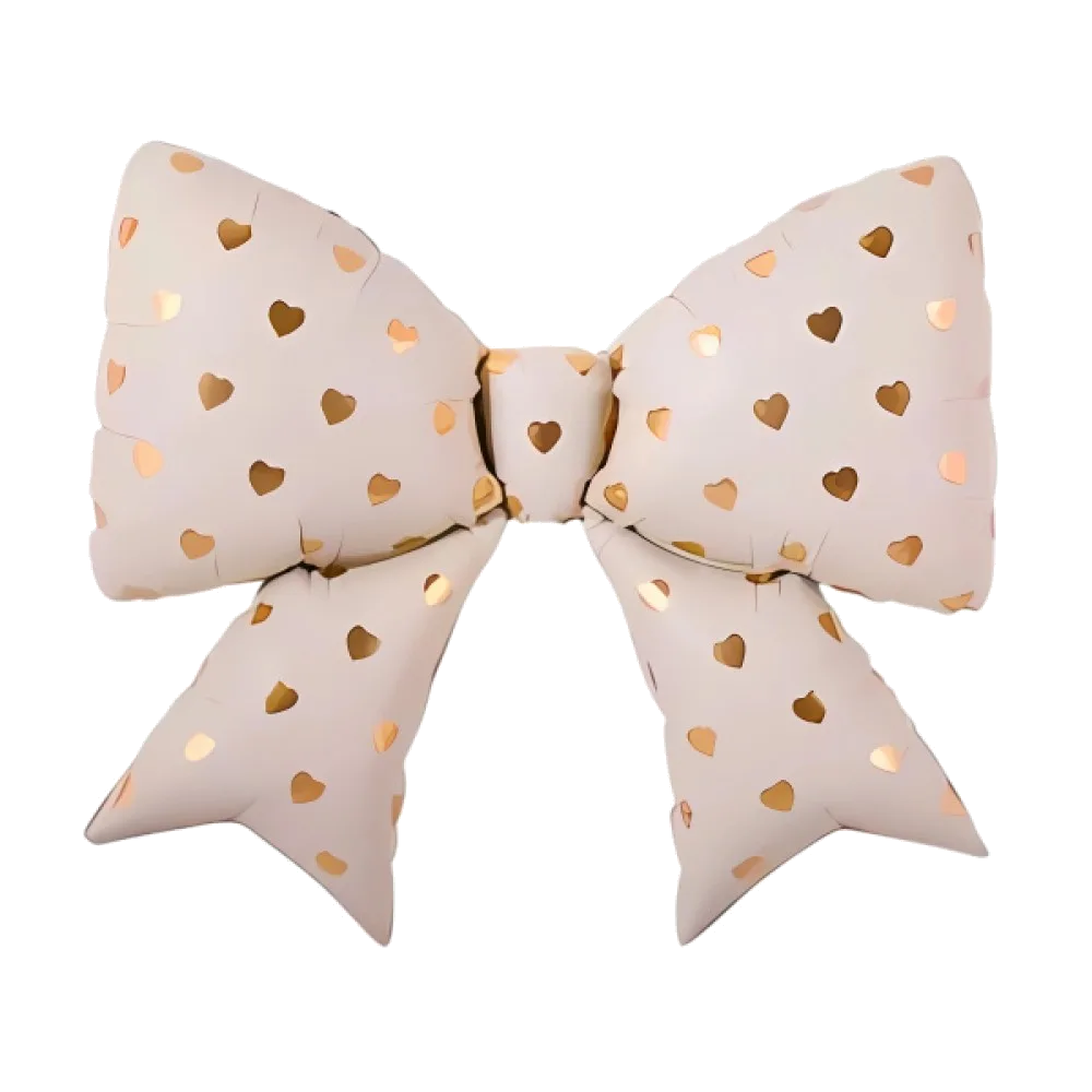 Шар Шар (38"/97 см) Фигура, Бант, Кремовый, Золотые сердечки, Фигура, 38"/97 см