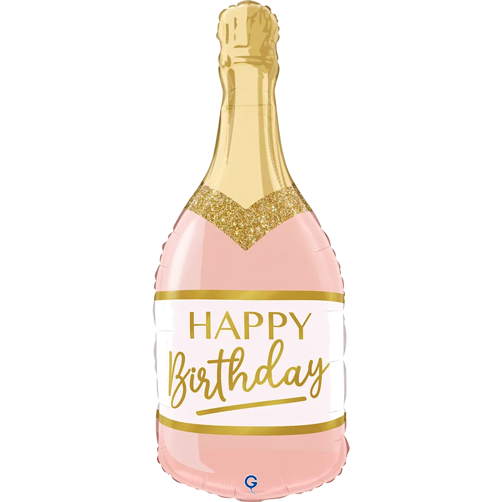 Шар (32''/81 см) Фигура, Бутылка Шампанское, Happy Birthday, Розовый